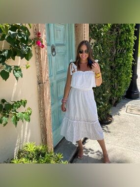 Adorable Eyelet White Cotton Bow Tie Straps Coastal Ruffle Midi Dress✨